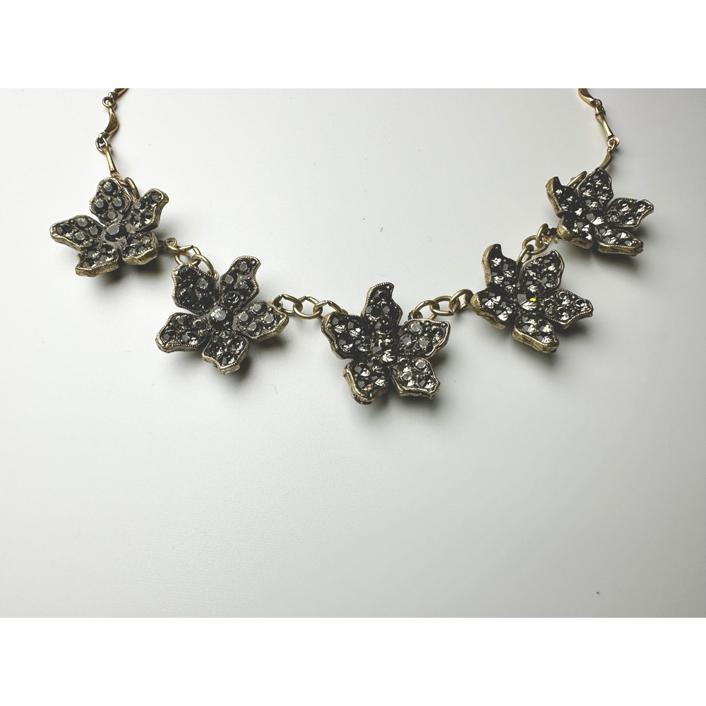 Vintage Mary DeMarco Crystal Flower Butterfly Necklace Gold Tone Fish Clasp 15in